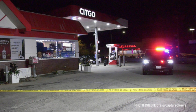 Black Mercedes sedan found with a bullet hole in the rear window at the Citgo gas station at the southeast corner of Rollins Road and Cedar Lake Road on Wednesday night, October 4, 2023 (PHOTO CREDIT: Craig/CapturedNews)