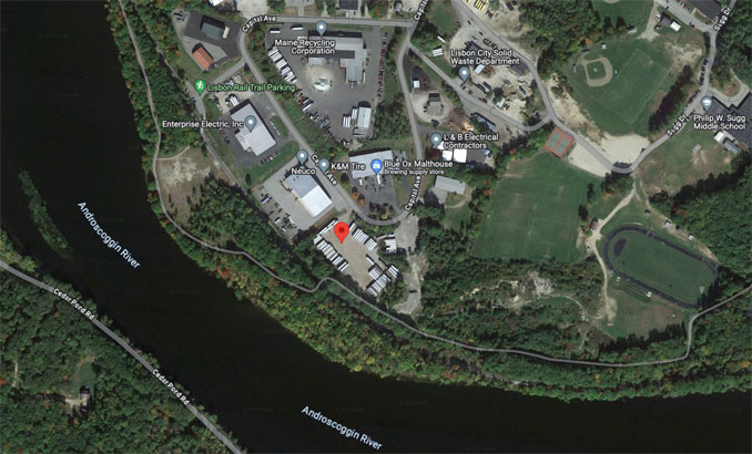 Satellite map of the Maine Recycling Center where the body of Robert Card was found (red marker) Friday, October 27, 2023 at 7:45 p.m. (Imagery ©2023 Google, Imagery ©2023Airbus, Maine GeoLibrary, Maxar Technologies, U.S. Geological Survey, USDA/FPAC/GEO, Map data ©2023)