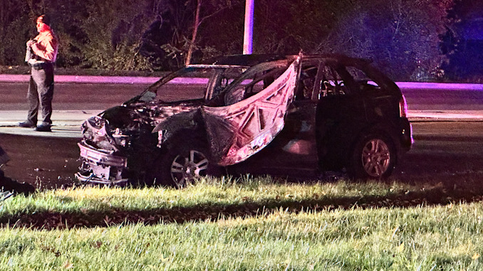 Destroyed and burnt up car after a head-on crash on Buffalo Grove Road south of Dundee Road in unincorporated Cook County