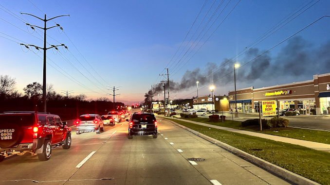 Smoke header pushing north in view from US-12 WEST just east of the fire scene in Fox River Grove on Wednesday, November 15, 2023
