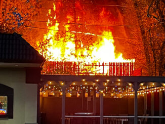 Significant flames visible from the property behind Lucky Lucy's in Fox River Grove on Wednesday, November 15, 2023