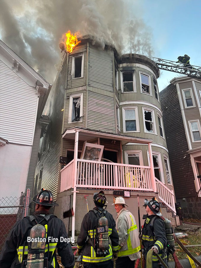 Fire on the roof on Ellington Street in Boston one person was injured and 29 people were displaced Saturday, November 25, 2023 (SOURCE: Boston Fire Department).