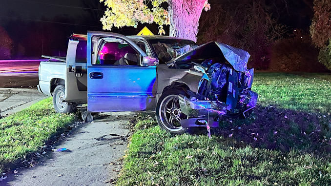 Destroyed pickup truck after a head-on crash on Buffalo Grove Road south of Dundee Road in unincorporated Cook County.