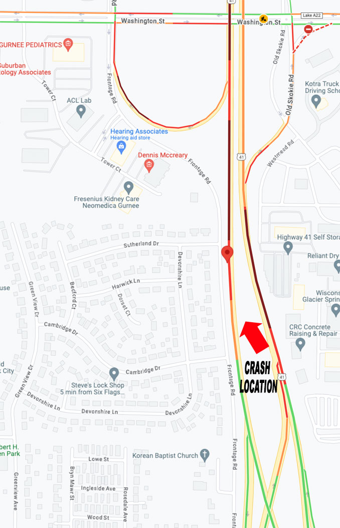 Crash map with Google traffic layer on Route 41 in Gurnee, Thursday, Nov 9, 2023 (SOURCE: Google Map ©2023)