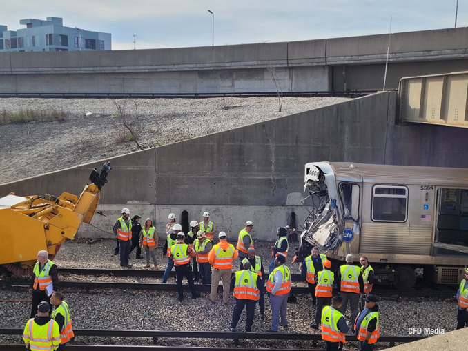 Heavily damaged CTA train in crash with snow removal machine (left) on Thursday, November 16, 2023 in Chicago near Evanston (SOURCE: Chicago Fire Department)