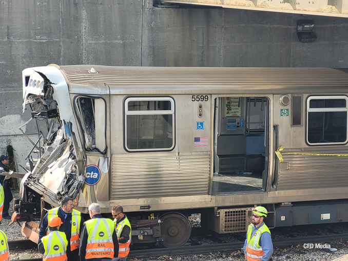 Heavily damaged CTA train in crash with snow removal machine on Thursday, November 16, 2023 in Chicago near Evanston (SOURCE: Chicago Fire Department)