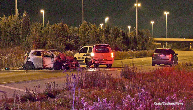 A Gurnee Police Department SUV was struck from behind while it was stopped behind another vehicle in the southbound lanes of Route 41 between Washington Street and Route 120 late Thursday night, November 9, 2023 (PHOTO CREDIT: Craig/CapturedNews)