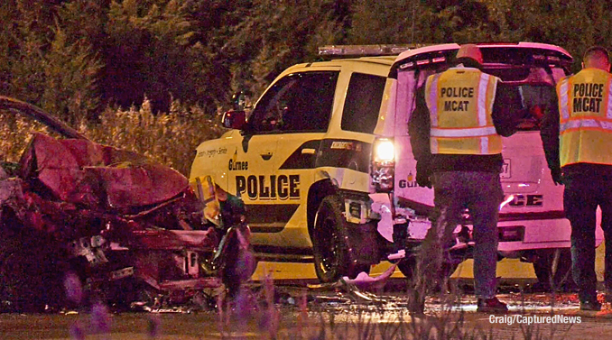 Police MCAT on the scene after a Gurnee Police Department SUV was struck from behind while it was stopped behind another vehicle in the southbound lanes of Route 41 between Washington Street and Route 120 late Thursday night, November 9, 2023 (PHOTO CREDIT: Craig/CapturedNews)
