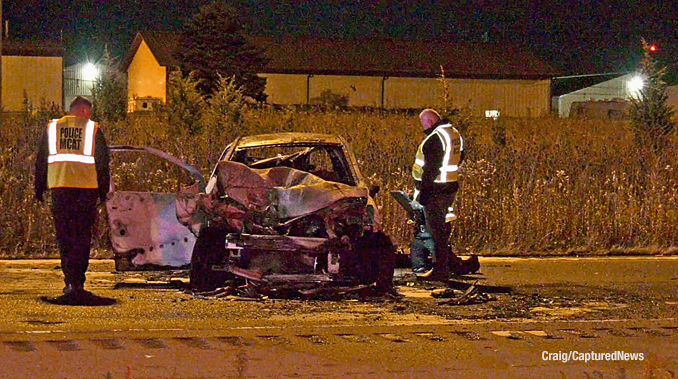 Heavy damage to the vehicle that struck a Gurnee Police Department SUV while it was stopped behind another vehicle in the southbound lanes of Route 41 between Washington Street and Route 120 late Thursday night, November 9, 2023 (PHOTO CREDIT: Craig/CapturedNews)