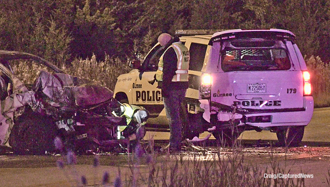 Police MCAT on the scene after a Gurnee Police Department SUV was struck from behind while it was stopped behind another vehicle in the southbound lanes of Route 41 between Washington Street and Route 120 late Thursday night, November 9, 2023 (PHOTO CREDIT: Craig/CapturedNews)