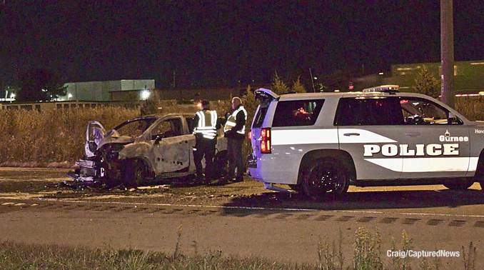 A Gurnee Police Department SUV was struck from behind while it was stopped behind another vehicle in the southbound lanes of Route 41 between Washington Street and Route 120 late Thursday night, November 9, 2023 (PHOTO CREDIT: Craig/CapturedNews)