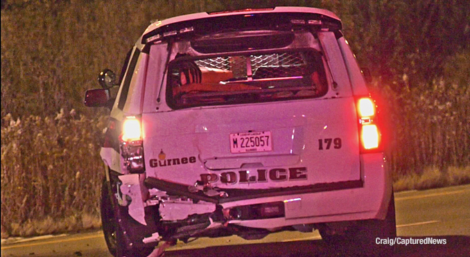 Damage to a Gurnee Police Department SUV after it was hit on southbound Route 41 between Washington Street and Route 120 on Thursday night, November 9, 2023 (PHOTO CREDIT: Craig/CapturedNews).