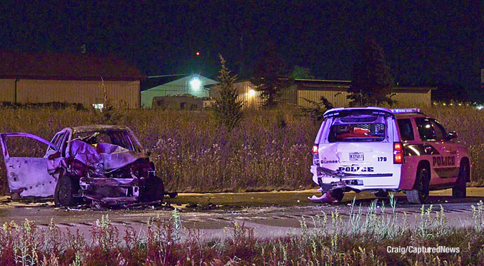 A Gurnee Police Department SUV was struck from behind while it was stopped behind another vehicle in the southbound lanes of Route 41 between Washington Street and Route 120 late Thursday night, November 9, 2023 (PHOTO CREDIT: Craig/CapturedNews)