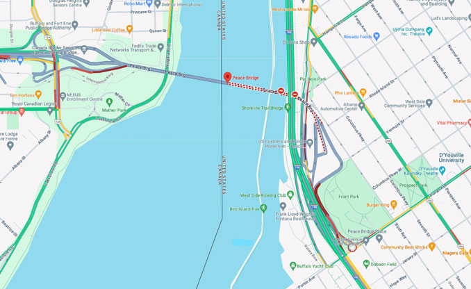 Peace Bridge Explosion Map (Google Traffic Layer/Map data ©2023 Google)