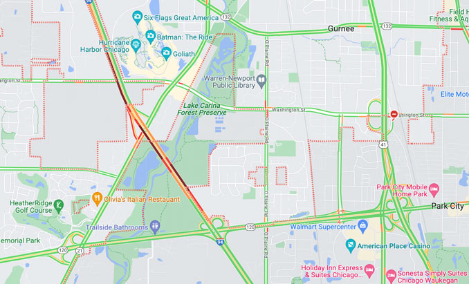 Location near Gurnee on I-94 where a police pursuit ended with a robbery suspect captured between Washington Street and Route 120 (SOURCE: Google Map ©2023)