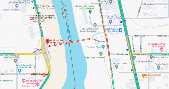 Whirlpool Rapids Bridge Closure Map November 22, 2023 Explosion Map (Google Traffic Layer/Map data ©2023 Google).