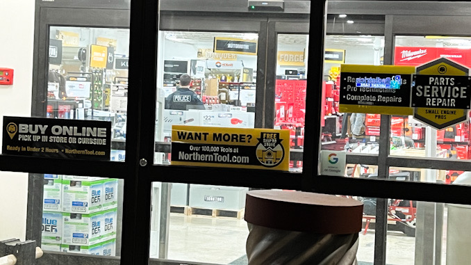 Mount Prospect police gathering information inside the store after a Mount Prospect Fire Department ambulance departed the scene with an injured employee at Northern Tool, Tuesday evening, December 5, 2023