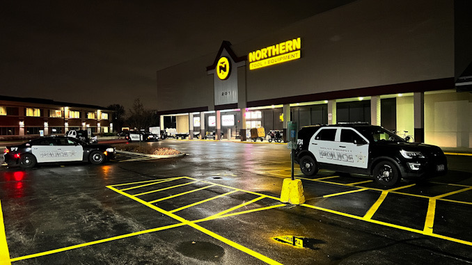 Several Mount Prospect police SUVs remain on scene after a Mount Prospect Fire Department ambulance departed the scene with an injured employee at Northern Tool, Tuesday evening, December 5, 2023
