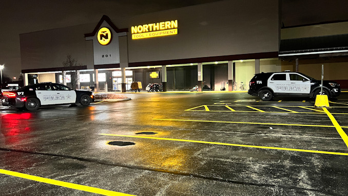 Several Mount Prospect police SUVs remain on scene after a Mount Prospect Fire Department ambulance departed the scene with an injured employee at Northern Tool, Tuesday evening, December 5, 2023