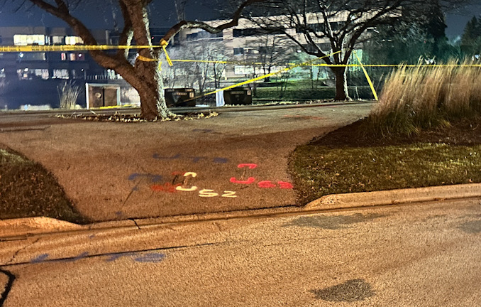 Markings on a walking path written by MCAT investigators that likely indicated gouge marks that occurred just before Brissa Romero's Nissan Rogue launched 60 feet into a  pond just west of T-intersection Executive Way and Lakeview Parkway.