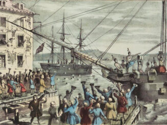 The Destruction of Tea at Boston Harbor in 1773 presented in a 1846 lithograph by Nathaniel Currier before the phrase "Boston Tea Party" had became popular (Image courtesy of the Springfield Museums)