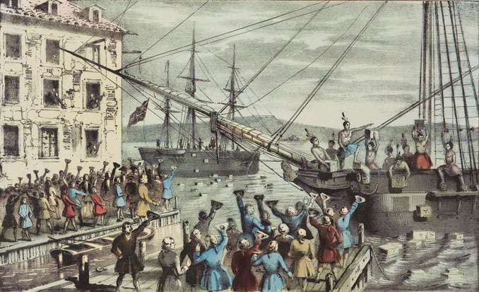 The Destruction of Tea at Boston Harbor in 1773 presented in a 1846 lithograph by Nathaniel Currier before the phrase "Boston Tea Party" had became popular (Image courtesy of the Springfield Museums)