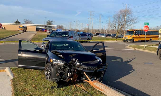 Crashed Kia Stinger after it was stolen in Volo Friday morning, December 15, 2023 (SOURCE: Lake County Sheriff's Office)