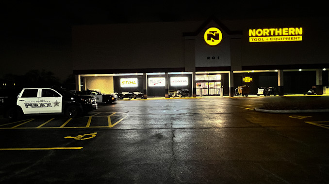 Several Mount Prospect police SUVs remain on scene after a Mount Prospect Fire Department ambulance departed the scene with an injured employee at Northern Tool, Tuesday evening, December 5, 2023