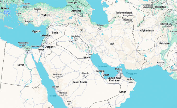 Red Sea, Iraq, Iran (Map data ©2023 Mapa GISrael, Google, Inst. Geogr. Naional, GeoBasis-DE/BKG (©2009))