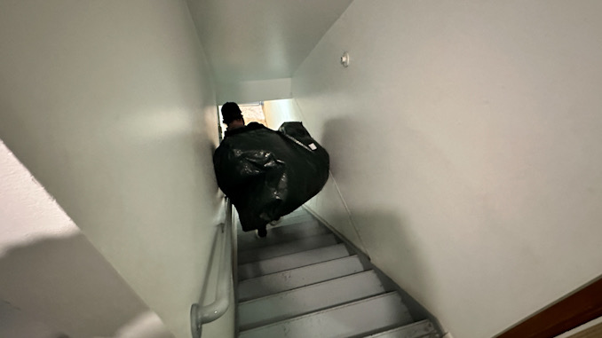 A younger resident carrying down a Christmas Tree/Holiday Tree down the basement stairs late January 202