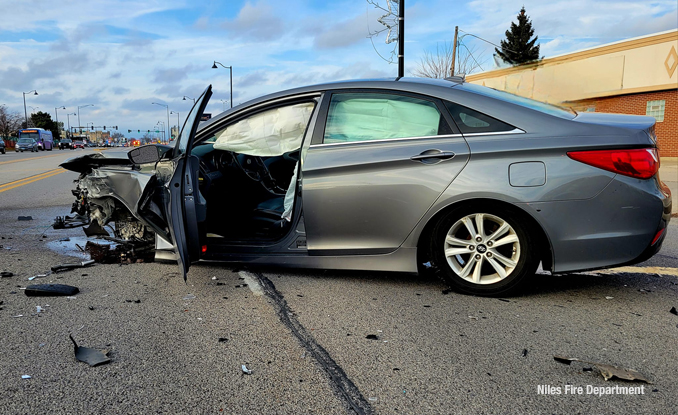 Crash involving a stolen vehicle on Milwaukee Avenue near Crain Street in Niles, Tuesday, January 2, 2024 (SOURCE: Niles Fire Department)