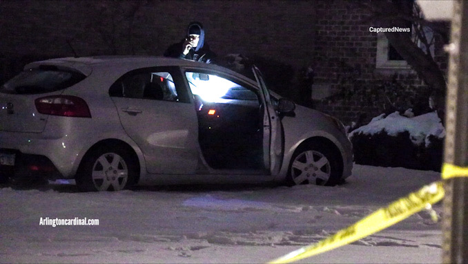 Crash scene near Camp McDonald Road and Mandel Lane where a crashed gray Kia Soul was located on the lawn during investigation early Monday morning January 22, 2024 (CARDINAL NEWS)