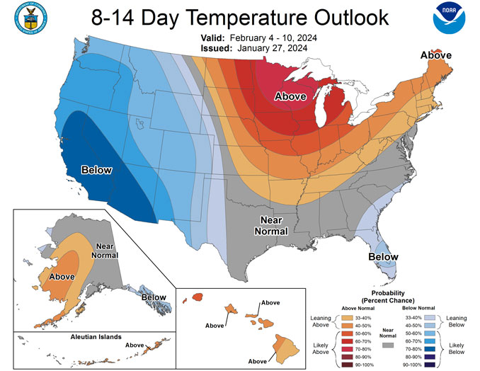 8-14 Day Temperature Outlook issued January 27, 2024 (NWS Climate Prediction Center).