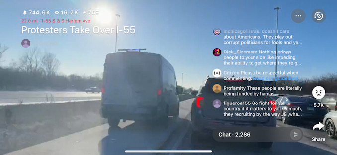 Police van passes traffic stopped on I-55 near Harlem Avenue in southwest suburban Chicago (SOURCE: CITIZEN).