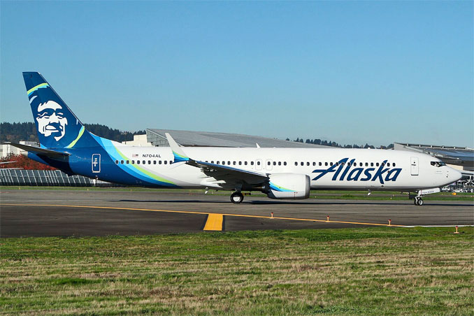 Affected airliner jet Air Alaska N704AL -- a Boeing 737 Max 9 photographed at Boeing Field, Washington on October 28, 2023 (PHOTO CREDIT: Nick Dean, licensed under the Creative Commons Attribution-Share Alike 2.0 Generic license)