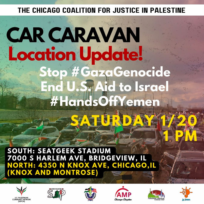 Car caravan announcement for protest before scheduled Saturday, January 20, 2024 (SOURCE: US Palestinian Community Network on X.com)