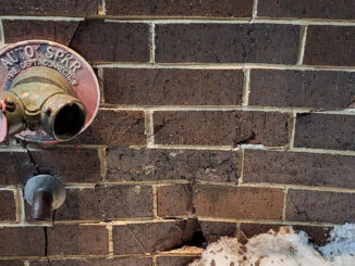 Brick damage near Automatic Sprinkler connection for the fire department at Culver's in Arlington Heights, Monday evening January 22, 2024 (PHOTO CREDIT: Chris Kobler)