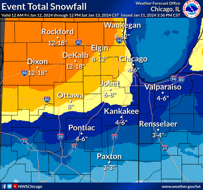 Event Total Snowfall valide 12AM Friday Jan. 12, 2024 through 12PM Saturday, Jan. 13, 2024 CST (SOURCE: NWS Chicago issued Jan. 11, 2024 at 3:36 PM CST)
