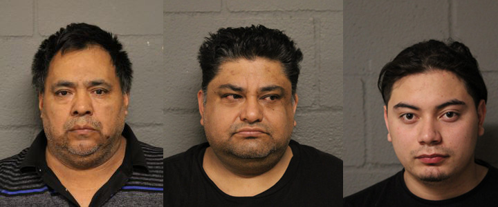 Facundo Donato Meneses-Garcia, Francisco Javier Otero-Rosas, and Keneth Jareth Ulloa-Rodriguez, charged with Duplicating/Manufacturing Selling Fraudulent ID Cards, a Class 3 felony (SOURCE: Cook County Sheriff's Office)