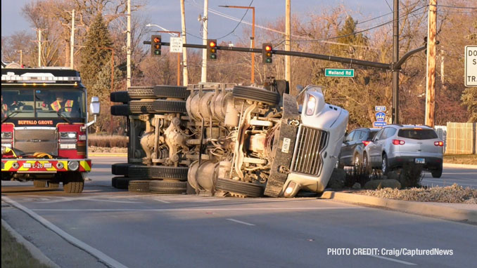 Buffalo Grove Fire Department on the scene of a rollover semi-trailer dump truck crash at Weiland Road and Aptakisic Road in Buffalo Grove, Thursday, January 4, 2024 (PHOTO CREDIT: Craig/CapturedNews)