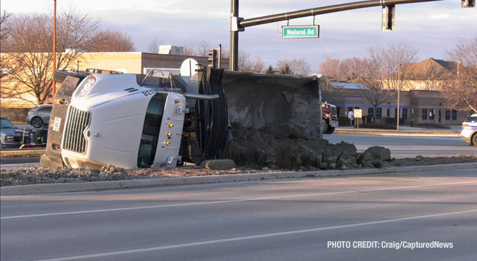 Scene of a rollover semi-trailer dump truck crash at Weiland Road and Aptakisic Road in Buffalo Grove, Thursday, January 4, 2024 (PHOTO CREDIT: Craig/CapturedNews)