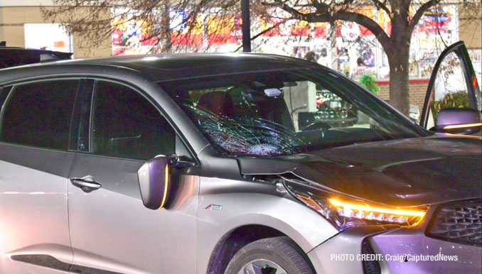 Vehicle damage to a small silver SUV that occurred when a pedestrian was hit by the vehicle and killed on Friday evening, January 5, 2024 (PHOTO CREDIT: Craig/CapturedNews)