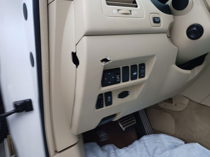 Interior bullet damage in a white Infiniti that was struck when a shooter aimed at the vehicle near the intersection of Camp McDonald Road and Mandel Lane near the border of Prospect Heights and Mount Prospect Sunday night, January 21, 2024 (provided photo)