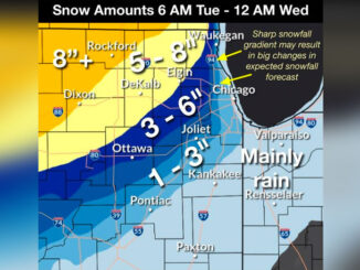 Snowfall amount expected in Chicagoland from 6AM Tuesday to 12AM Wednesday, Jan. 10, 2024 (NWS Chicago)