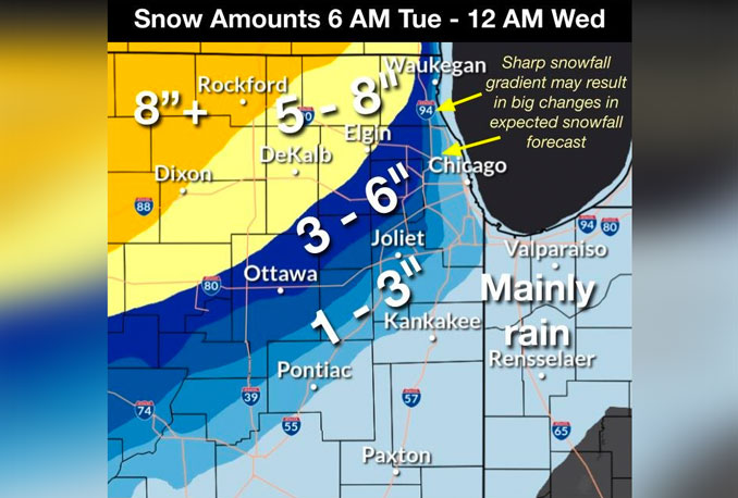Snowfall amount expected in Chicagoland from 6AM Tuesday to 12AM Wednesday, Jan. 10, 2024 (NWS Chicago)