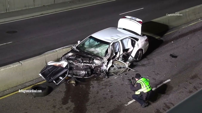 Wrecked Toyota Camry driven by alleged wrong-way driver  Guillermo Salgado of Palatine (CARDINAL NEWS)