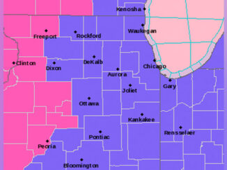 Winter Weather Advisory (blue) and Winter Storm Warning (pink). Not shown on this NWS map is a Winter Storm Watch for counties northwest, west and southwest of Cook County (Winnebago-Boone-McHenry, Ogle, Lee, De Kalb)(SOURCE: NWS Chicago)