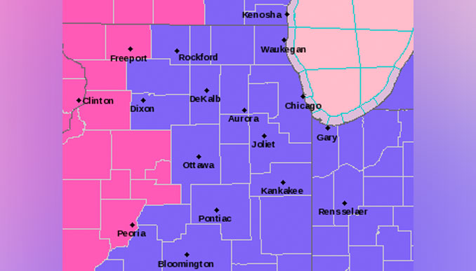 Winter Weather Advisory (blue) and Winter Storm Warning (pink). Not shown on this NWS map is a Winter Storm Watch for counties northwest, west and southwest of Cook County (Winnebago-Boone-McHenry, Ogle, Lee, De Kalb)(SOURCE: NWS Chicago)