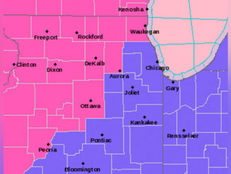 NWS Winter Storm Warning pink; Winter Weather Advisory blue at 3:00 p.m. Monday, January 8, 2024 (SOURCE: National Weather Service Chicago)