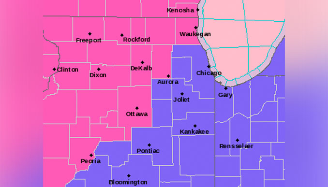 NWS Winter Storm Warning pink; Winter Weather Advisory blue at 3:00 p.m. Monday, January 8, 2024 (SOURCE: National Weather Service Chicago)